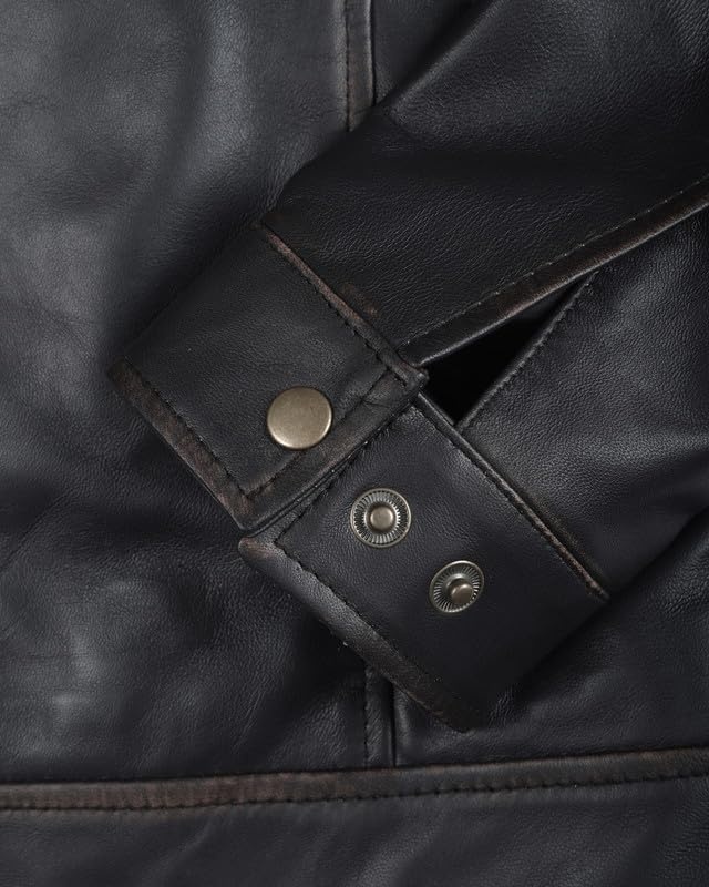 image:imageBlingsoul Vintage Leather Jacket Men Real Lambskin Classic Leather Jacket for Mens with Shirt Style CollarDark Brown Rub Off
