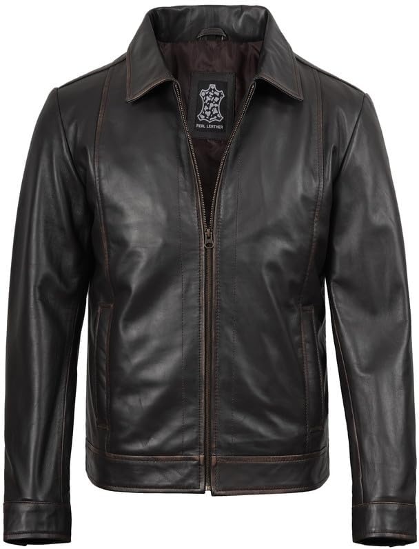 image:imageBlingsoul Vintage Leather Jacket Men Real Lambskin Classic Leather Jacket for Mens with Shirt Style CollarDark Brown Rub Off