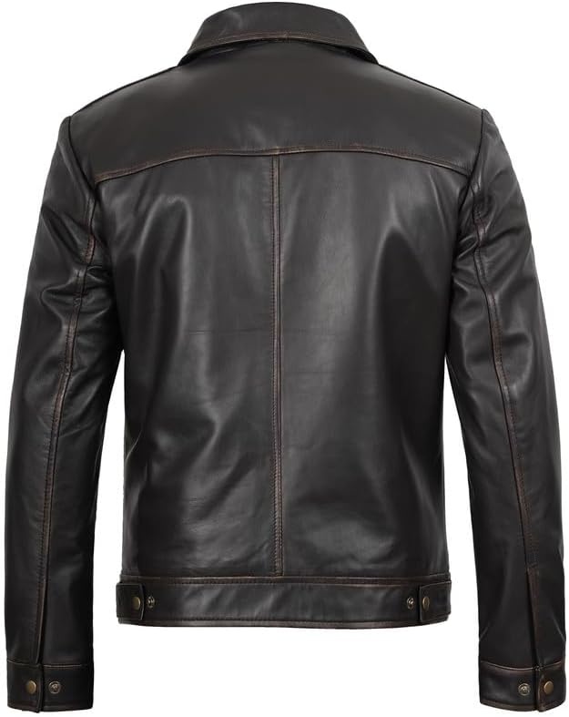 image:imageBlingsoul Vintage Leather Jacket Men Real Lambskin Classic Leather Jacket for Mens with Shirt Style CollarDark Brown Rub Off