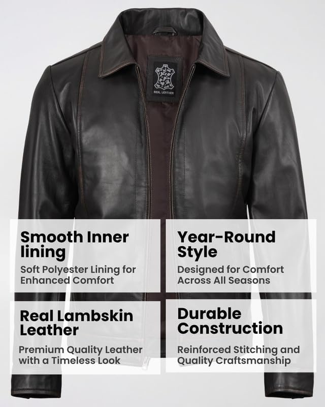 image:imageBlingsoul Vintage Leather Jacket Men Real Lambskin Classic Leather Jacket for Mens with Shirt Style CollarDark Brown Rub Off