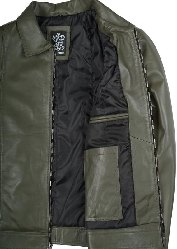 image:imageBlingsoul Vintage Leather Jacket Men Real Lambskin Classic Leather Jacket for Mens with Shirt Style CollarGreen
