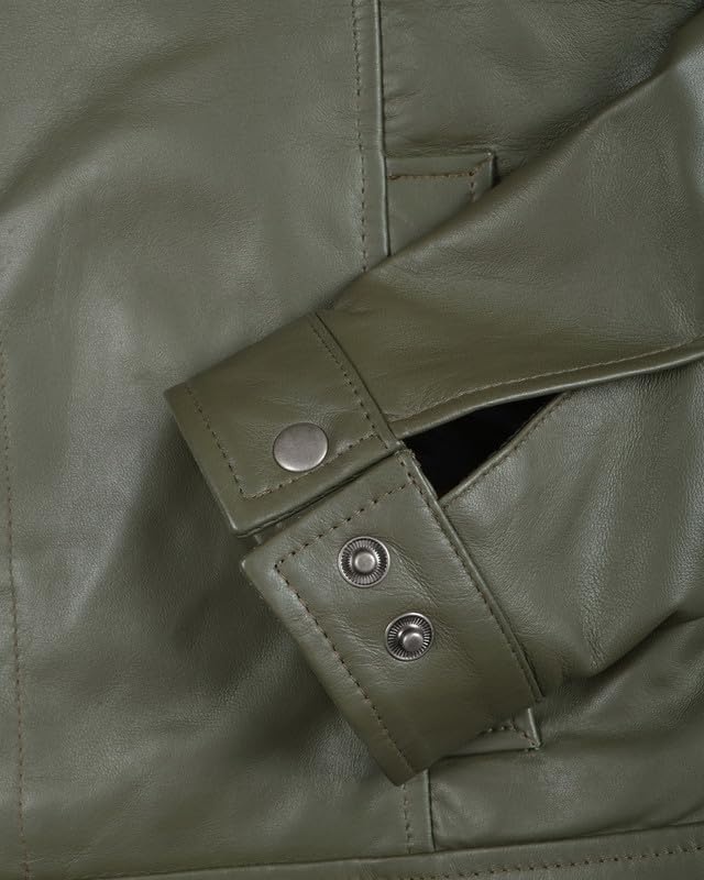 image:imageBlingsoul Vintage Leather Jacket Men Real Lambskin Classic Leather Jacket for Mens with Shirt Style CollarGreen