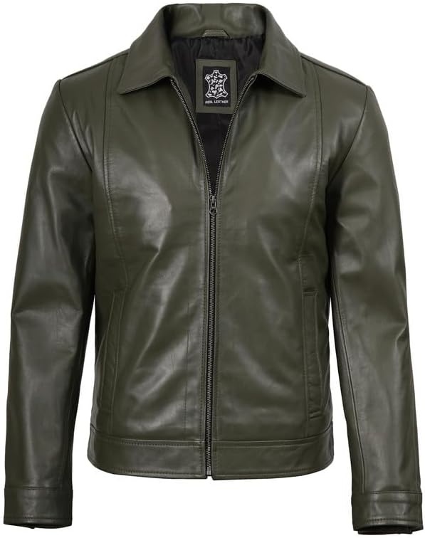 image:imageBlingsoul Vintage Leather Jacket Men Real Lambskin Classic Leather Jacket for Mens with Shirt Style CollarGreen