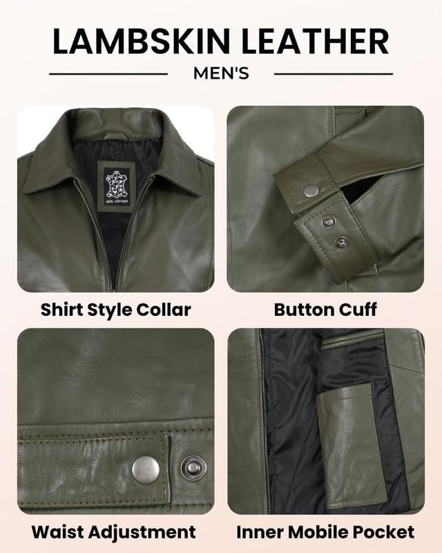 image:imageBlingsoul Vintage Leather Jacket Men Real Lambskin Classic Leather Jacket for Mens with Shirt Style CollarGreen