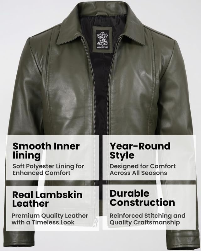 image:imageBlingsoul Vintage Leather Jacket Men Real Lambskin Classic Leather Jacket for Mens with Shirt Style CollarGreen