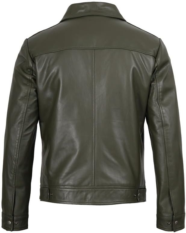 image:imageBlingsoul Vintage Leather Jacket Men Real Lambskin Classic Leather Jacket for Mens with Shirt Style CollarGreen