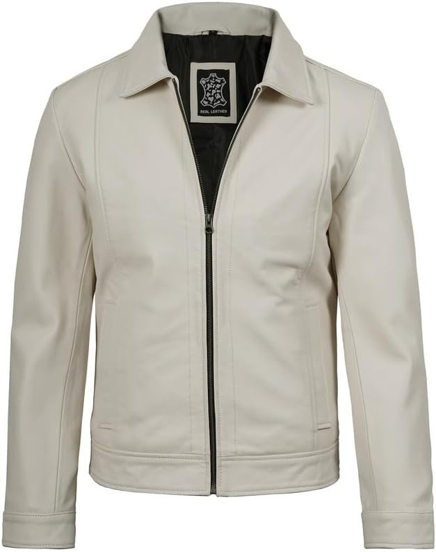 image:imageBlingsoul Vintage Leather Jacket Men Real Lambskin Classic Leather Jacket for Mens with Shirt Style CollarOffwhite