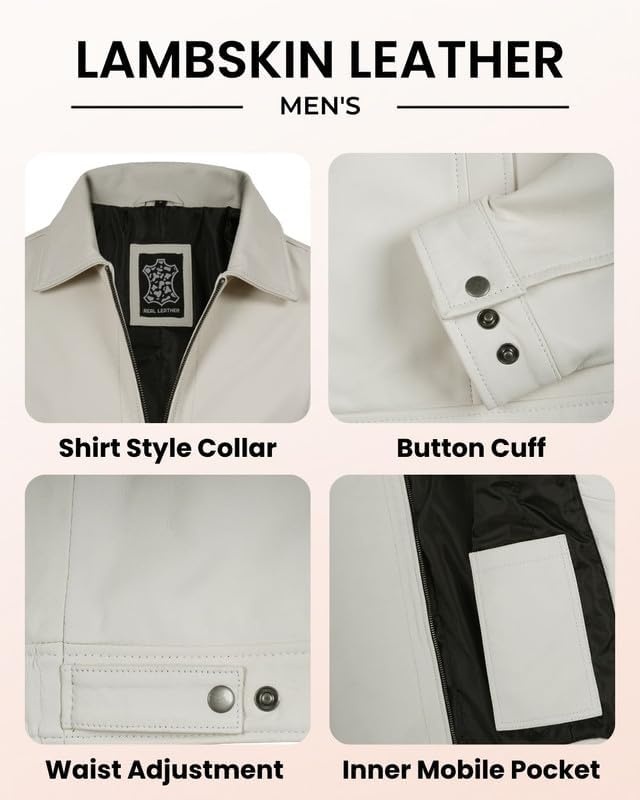 image:imageBlingsoul Vintage Leather Jacket Men Real Lambskin Classic Leather Jacket for Mens with Shirt Style CollarOffwhite