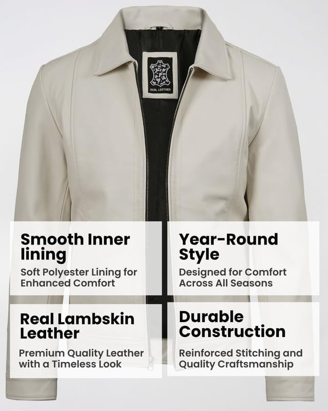 image:imageBlingsoul Vintage Leather Jacket Men Real Lambskin Classic Leather Jacket for Mens with Shirt Style CollarOffwhite