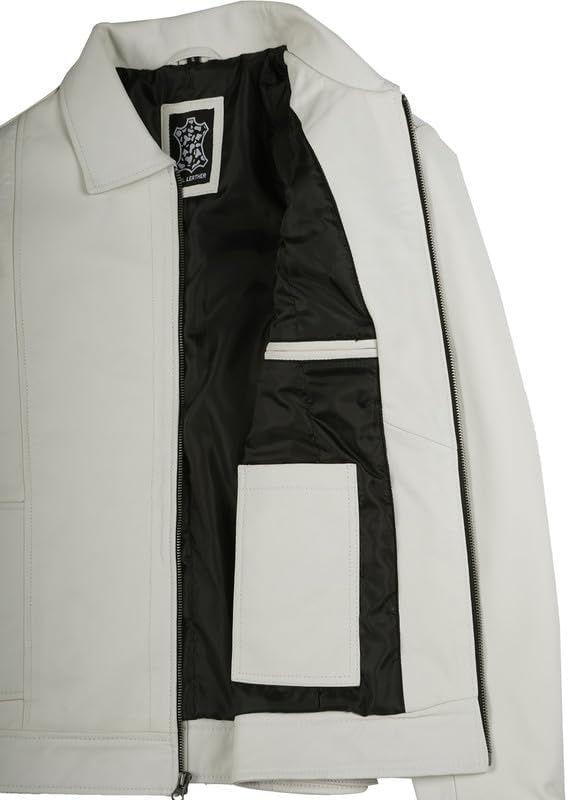 image:imageBlingsoul Vintage Leather Jacket Men Real Lambskin Classic Leather Jacket for Mens with Shirt Style CollarOffwhite