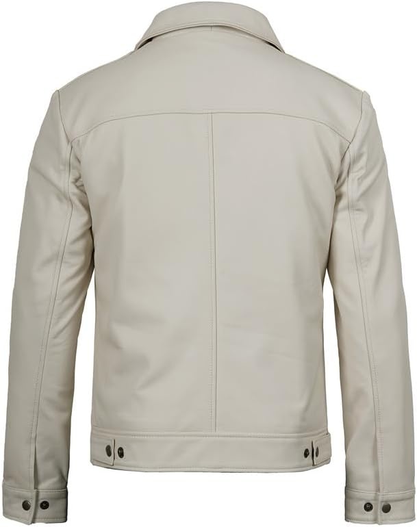 image:imageBlingsoul Vintage Leather Jacket Men Real Lambskin Classic Leather Jacket for Mens with Shirt Style CollarOffwhite