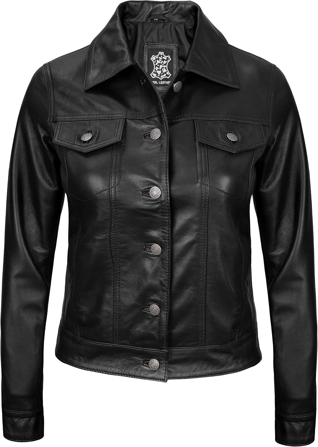 image:imageBlingsoul Vintage Leather Jacket Women Real Lambskin Leather Trucker Jacket For Women with Shirt CollarBlack