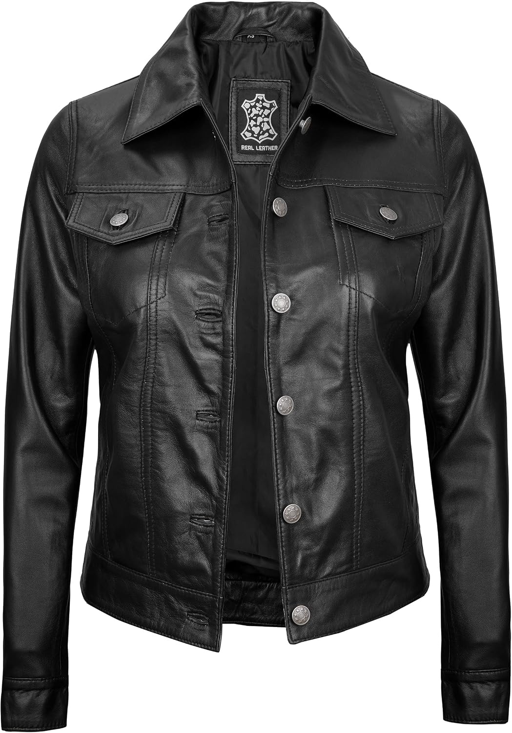 image:imageBlingsoul Vintage Leather Jacket Women Real Lambskin Leather Trucker Jacket For Women with Shirt CollarBlack
