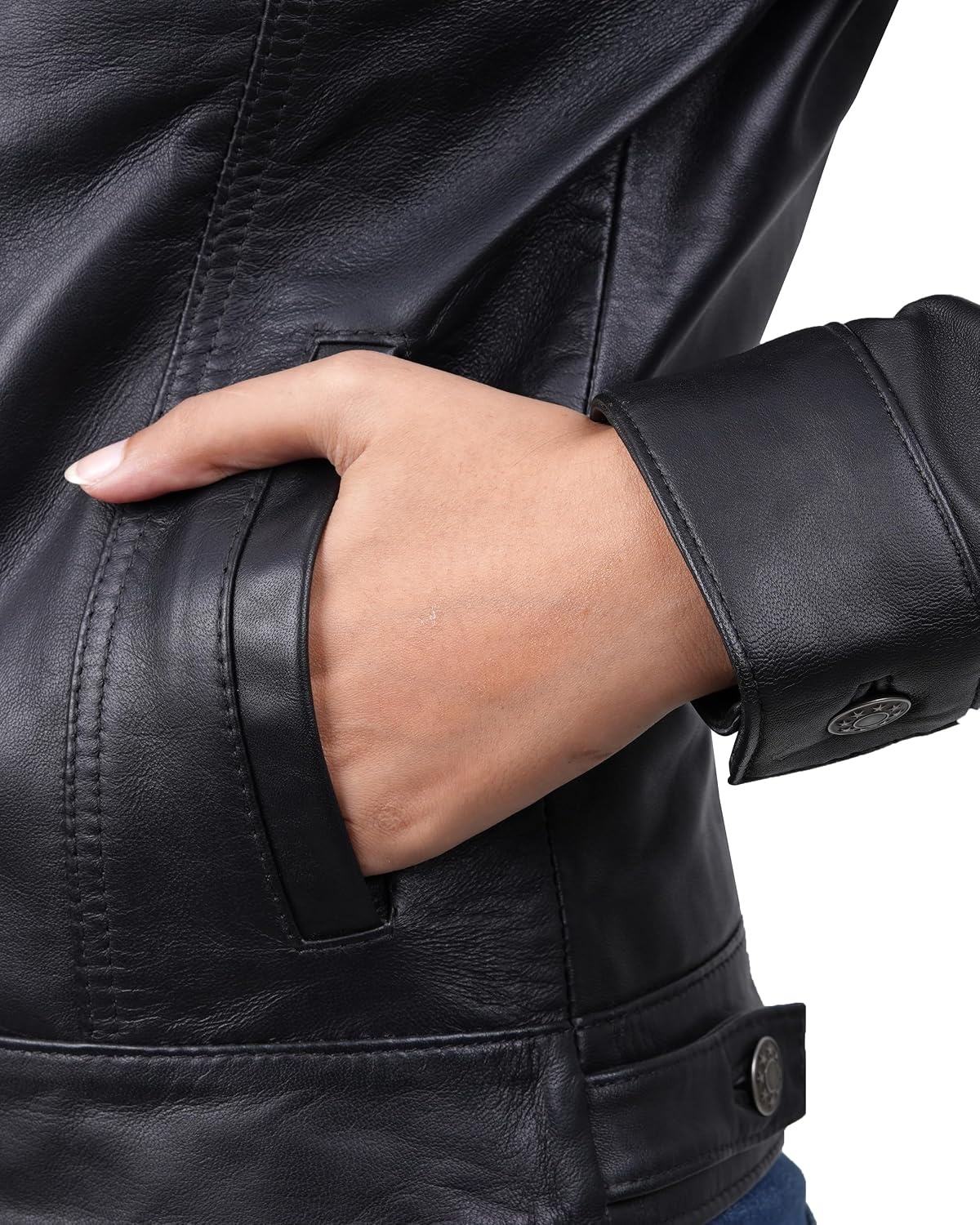 image:imageBlingsoul Vintage Leather Jacket Women Real Lambskin Leather Trucker Jacket For Women with Shirt CollarBlack