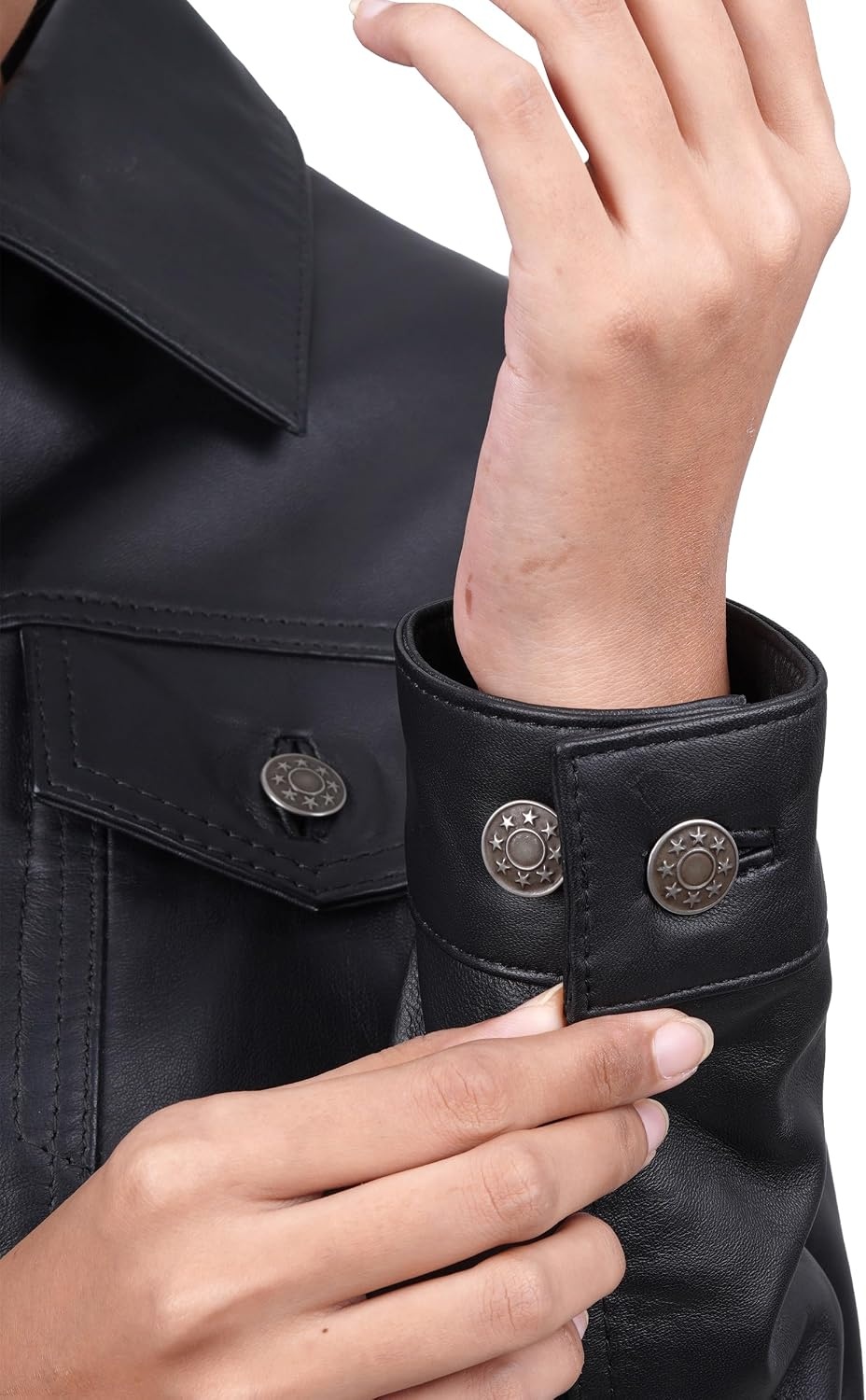image:imageBlingsoul Vintage Leather Jacket Women Real Lambskin Leather Trucker Jacket For Women with Shirt CollarBlack