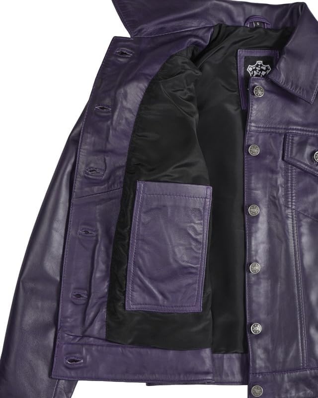 image:imageBlingsoul Vintage Leather Jacket Women Real Lambskin Leather Trucker Jacket For Women with Shirt CollarPurple Wax