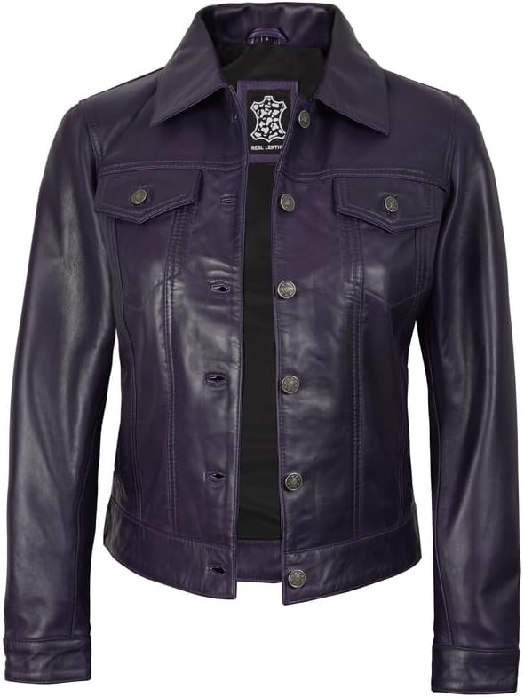 image:imageBlingsoul Vintage Leather Jacket Women Real Lambskin Leather Trucker Jacket For Women with Shirt CollarPurple Wax