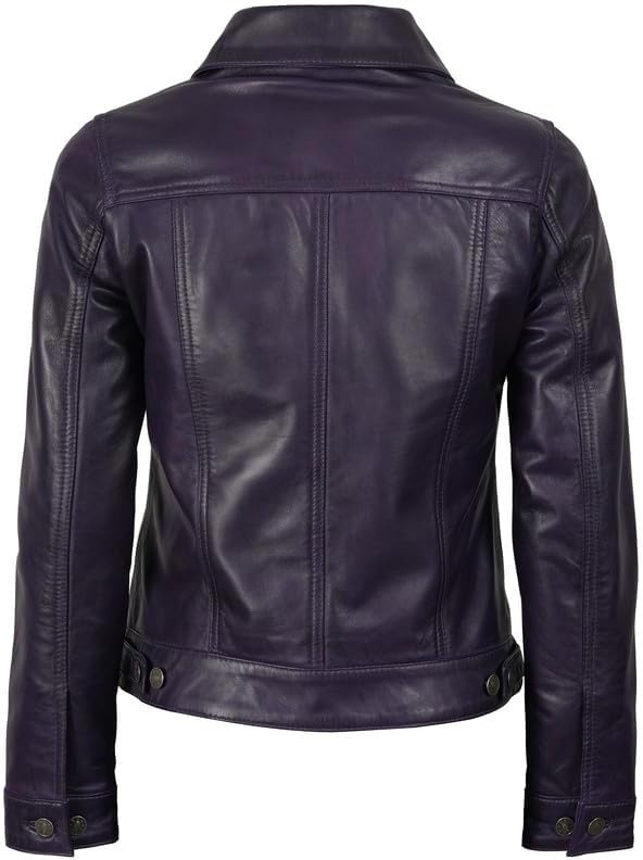 image:imageBlingsoul Vintage Leather Jacket Women Real Lambskin Leather Trucker Jacket For Women with Shirt CollarPurple Wax