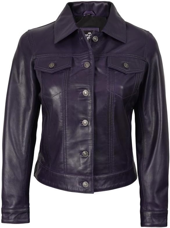 image:imageBlingsoul Vintage Leather Jacket Women Real Lambskin Leather Trucker Jacket For Women with Shirt CollarPurple Wax