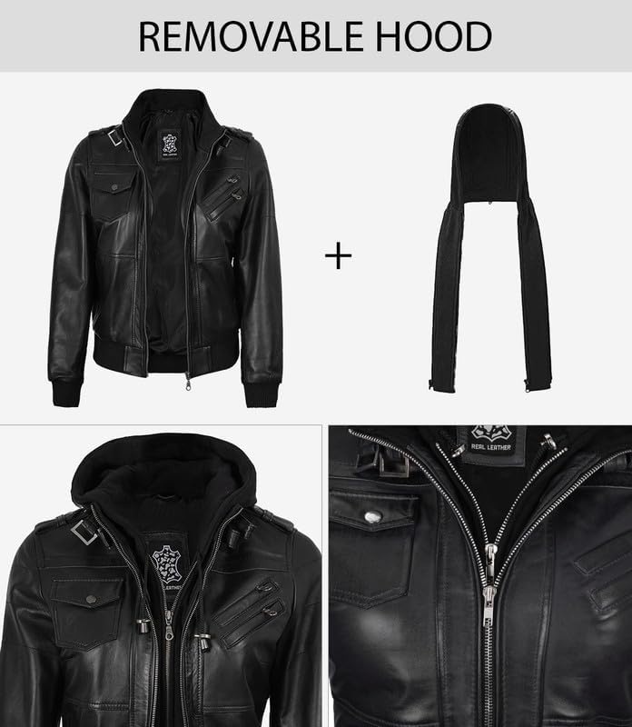 image:imageBlingsoul Womens Hooded Leather Jacket Real Lambskin Bomber Leather Jacket Women With Detachable HoodBlack