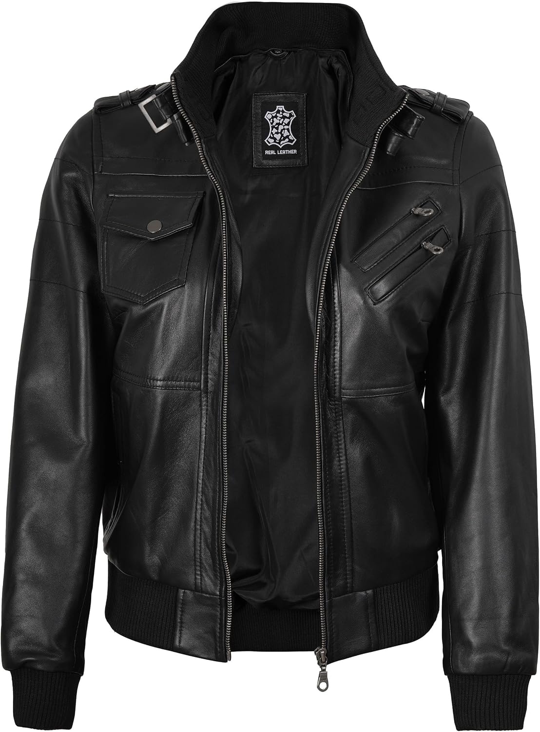image:imageBlingsoul Womens Hooded Leather Jacket Real Lambskin Bomber Leather Jacket Women With Detachable HoodBlack