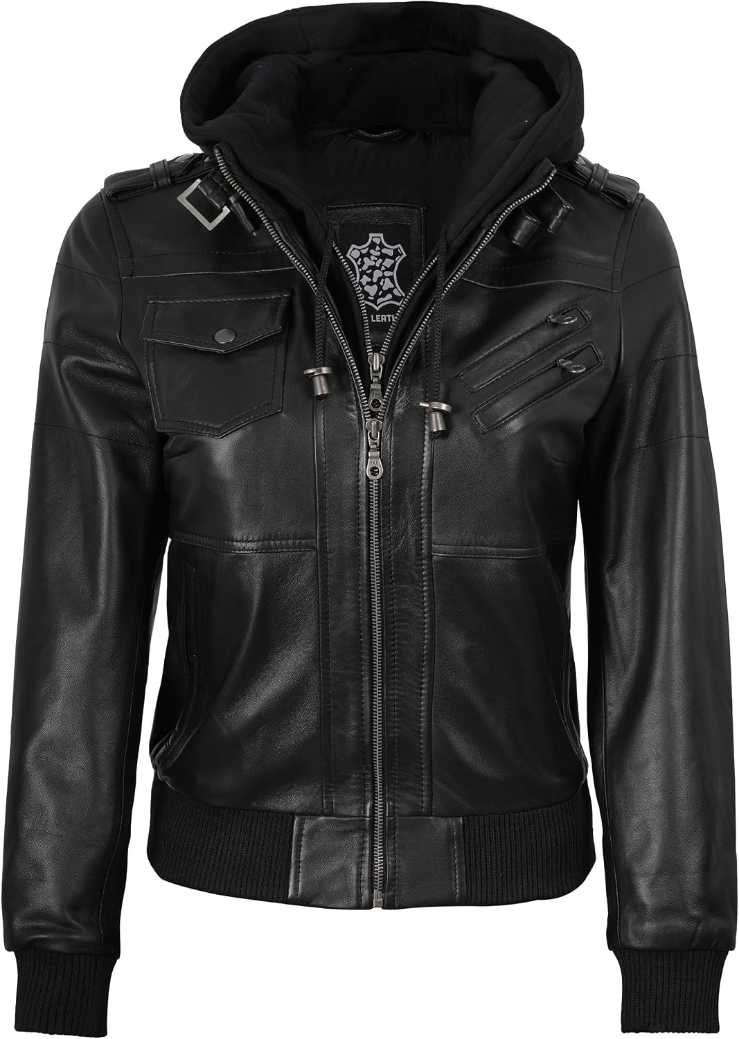 image:imageBlingsoul Womens Hooded Leather Jacket Real Lambskin Bomber Leather Jacket Women With Detachable HoodBlack