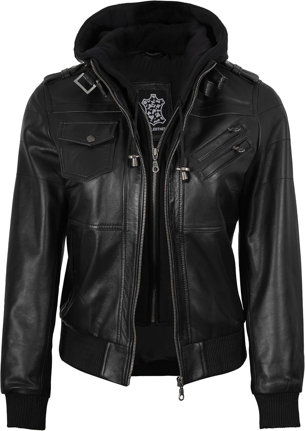 image:imageBlingsoul Womens Hooded Leather Jacket Real Lambskin Bomber Leather Jacket Women With Detachable HoodBlack