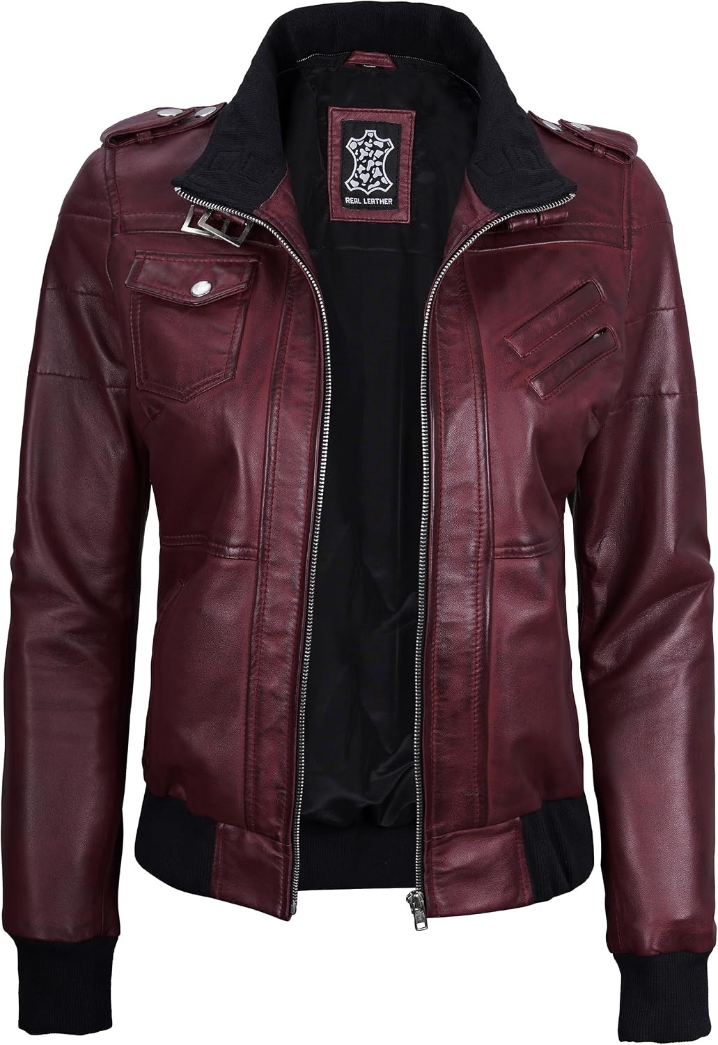 image:imageBlingsoul Womens Hooded Leather Jacket Real Lambskin Bomber Leather Jacket Women With Detachable HoodBurgundy Maroon Wax
