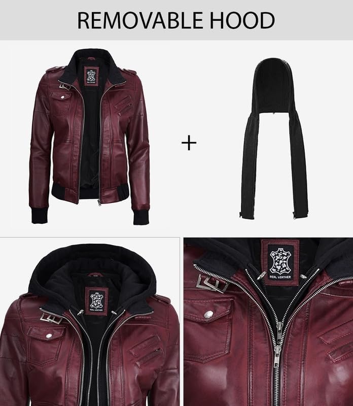 image:imageBlingsoul Womens Hooded Leather Jacket Real Lambskin Bomber Leather Jacket Women With Detachable HoodBurgundy Maroon Wax