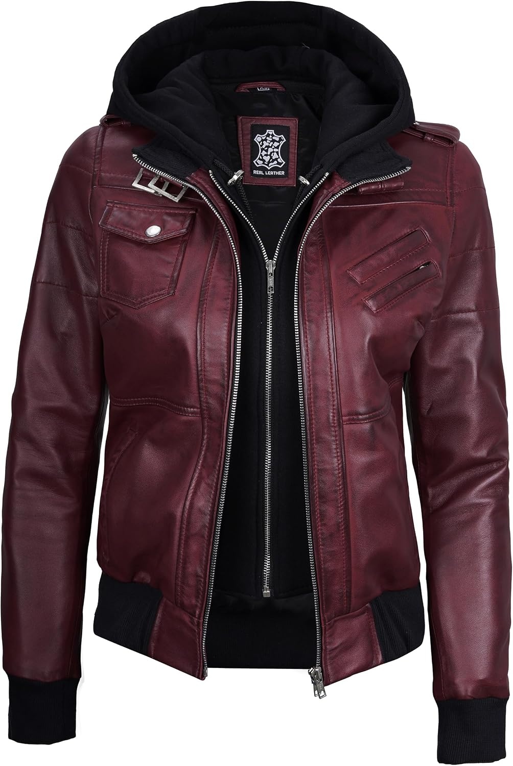 image:imageBlingsoul Womens Hooded Leather Jacket Real Lambskin Bomber Leather Jacket Women With Detachable HoodBurgundy Maroon Wax