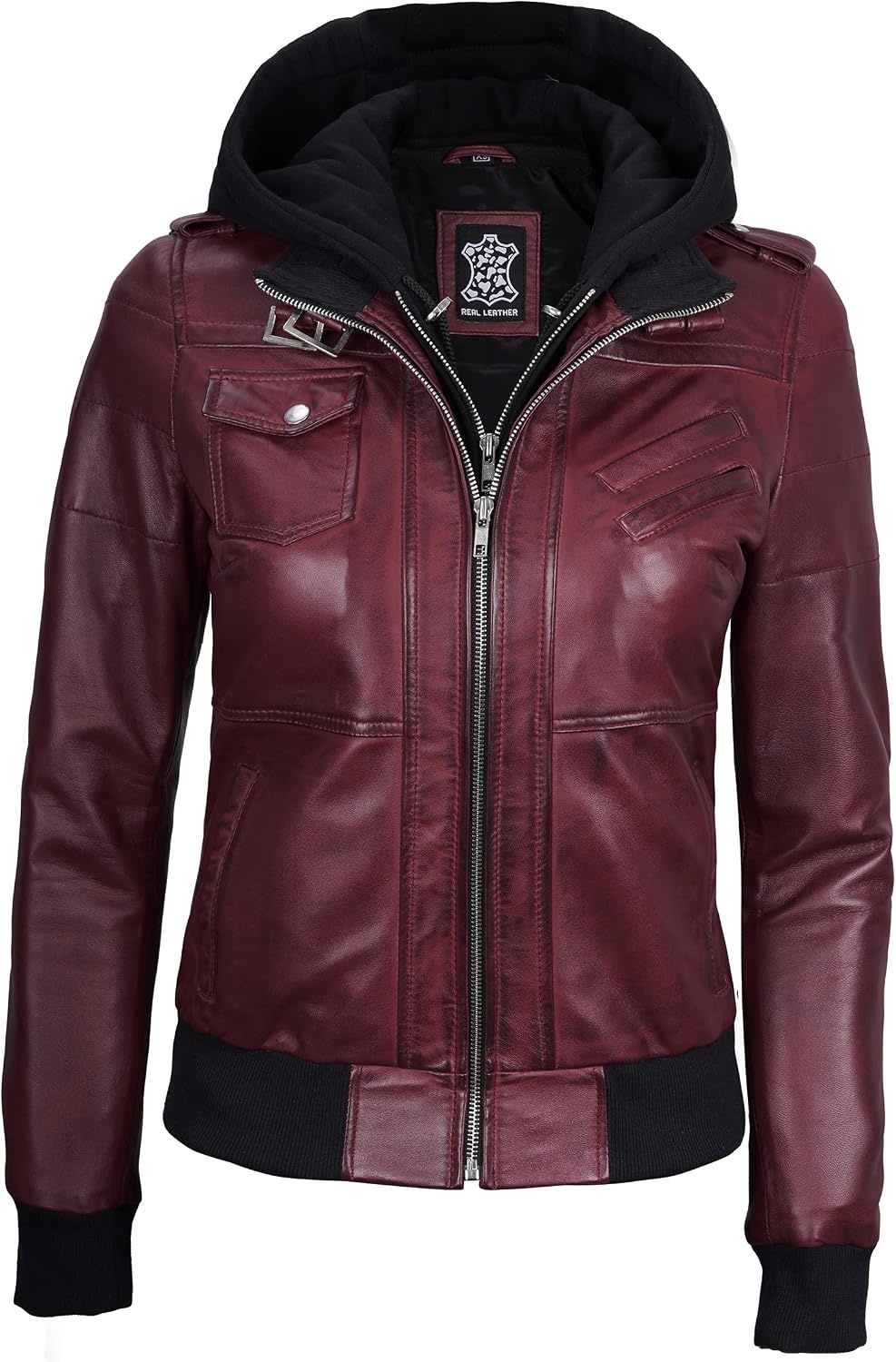 image:imageBlingsoul Womens Hooded Leather Jacket Real Lambskin Bomber Leather Jacket Women With Detachable HoodBurgundy Maroon Wax