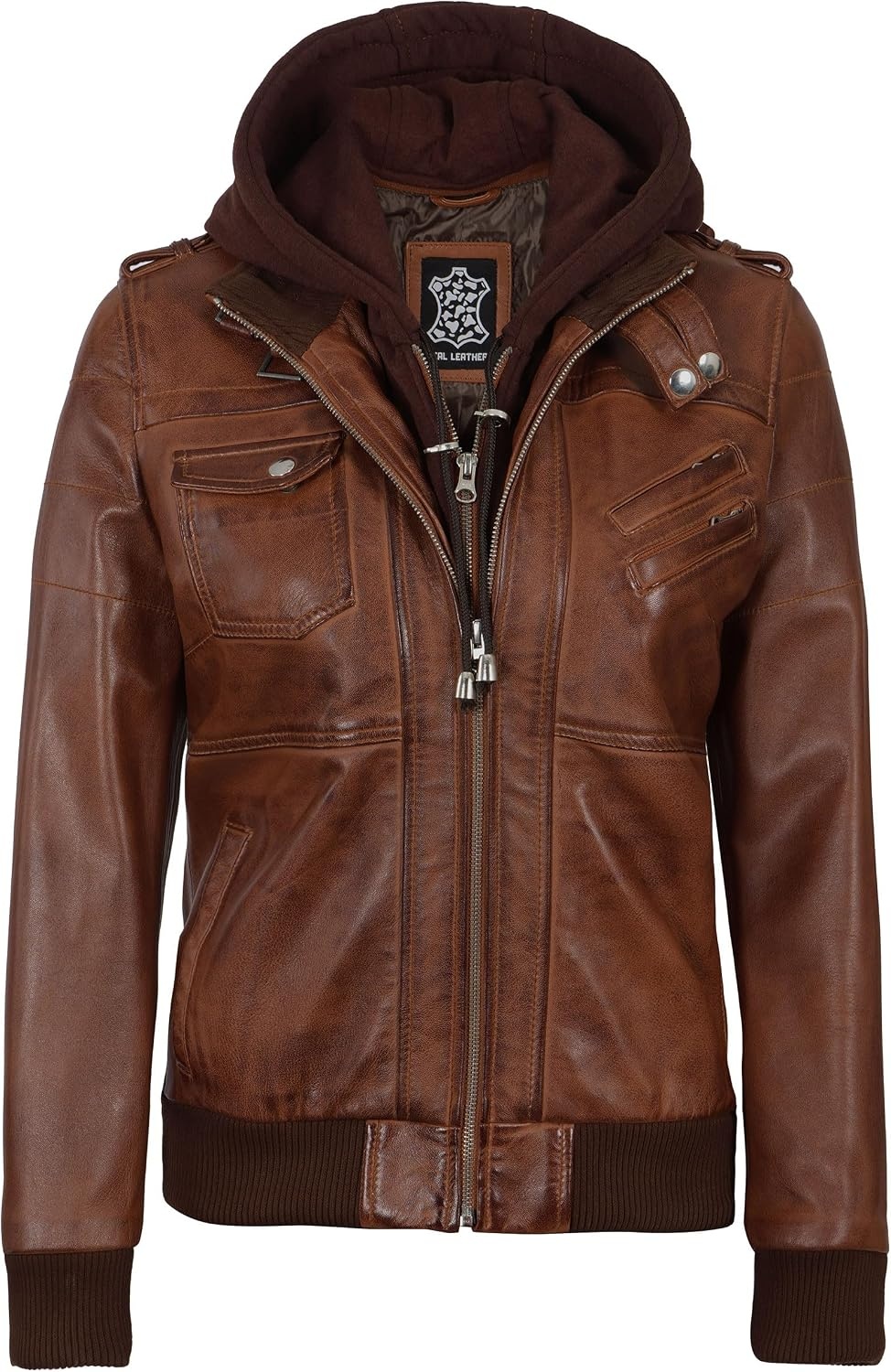 image:imageBlingsoul Womens Hooded Leather Jacket Real Lambskin Bomber Leather Jacket Women With Detachable HoodCognac Wax