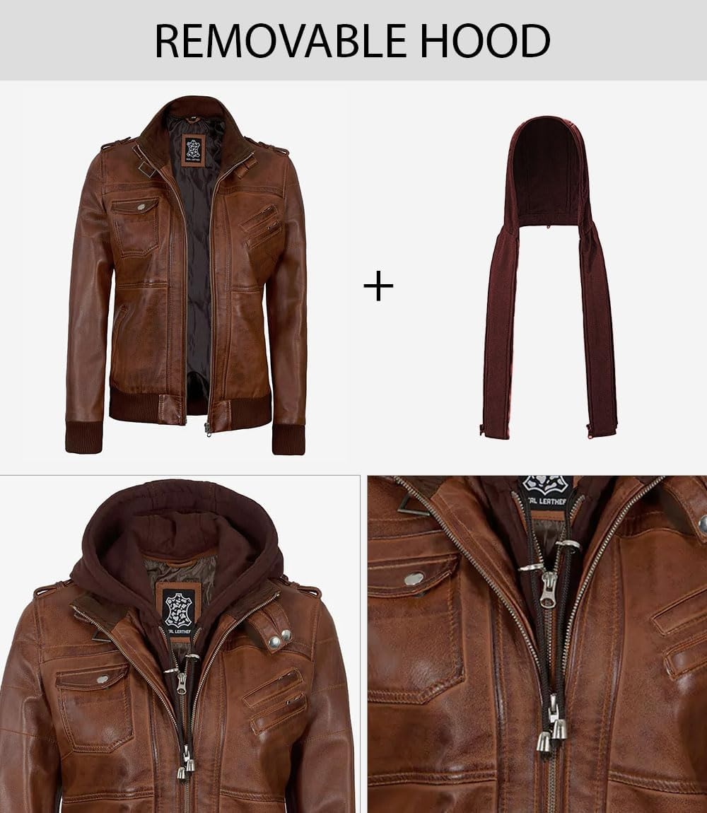 image:imageBlingsoul Womens Hooded Leather Jacket Real Lambskin Bomber Leather Jacket Women With Detachable HoodCognac Wax