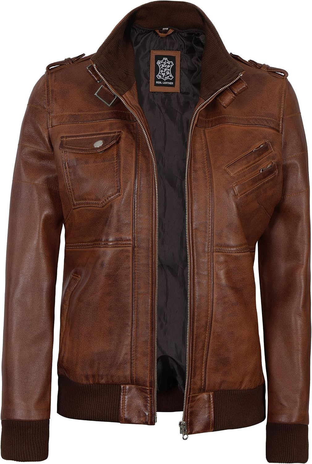 image:imageBlingsoul Womens Hooded Leather Jacket Real Lambskin Bomber Leather Jacket Women With Detachable HoodCognac Wax