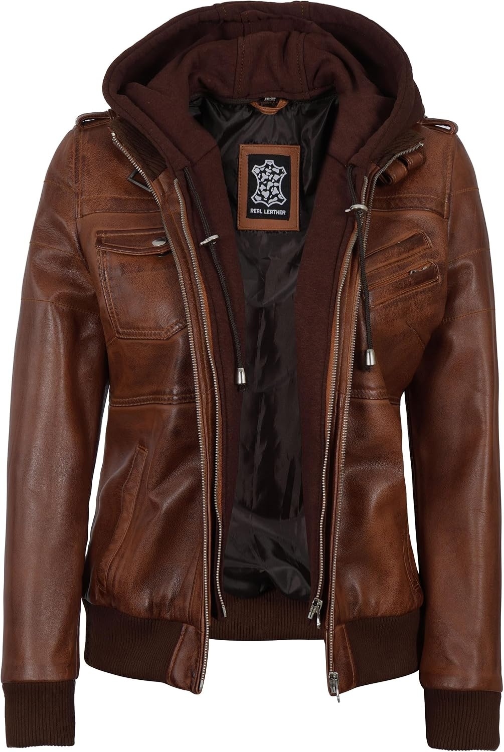 image:imageBlingsoul Womens Hooded Leather Jacket Real Lambskin Bomber Leather Jacket Women With Detachable HoodCognac Wax