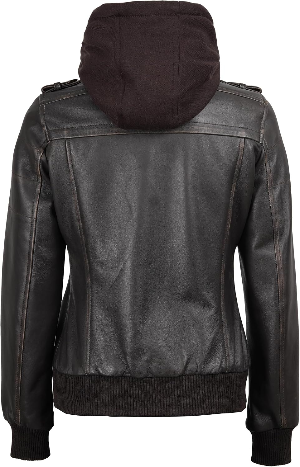 image:imageBlingsoul Womens Hooded Leather Jacket Real Lambskin Bomber Leather Jacket Women With Detachable HoodDark Brown Rub Off