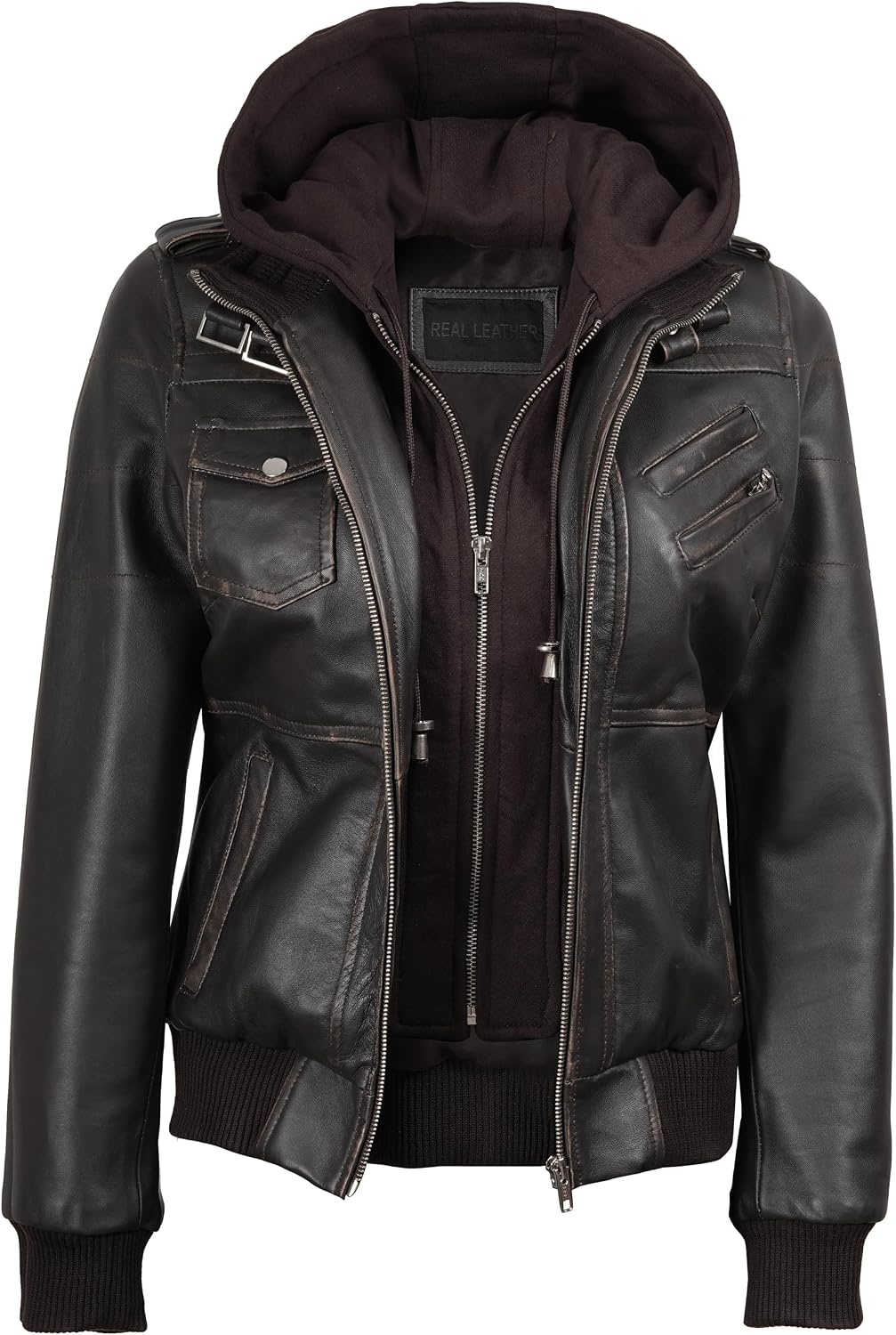 image:imageBlingsoul Womens Hooded Leather Jacket Real Lambskin Bomber Leather Jacket Women With Detachable HoodDark Brown Rub Off