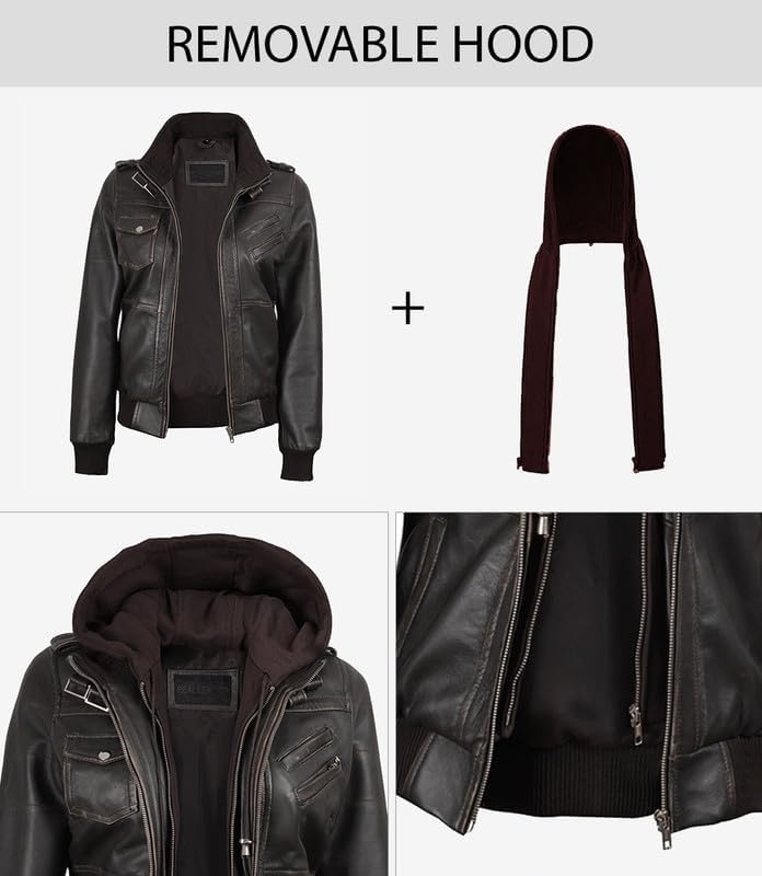 image:imageBlingsoul Womens Hooded Leather Jacket Real Lambskin Bomber Leather Jacket Women With Detachable HoodDark Brown Rub Off