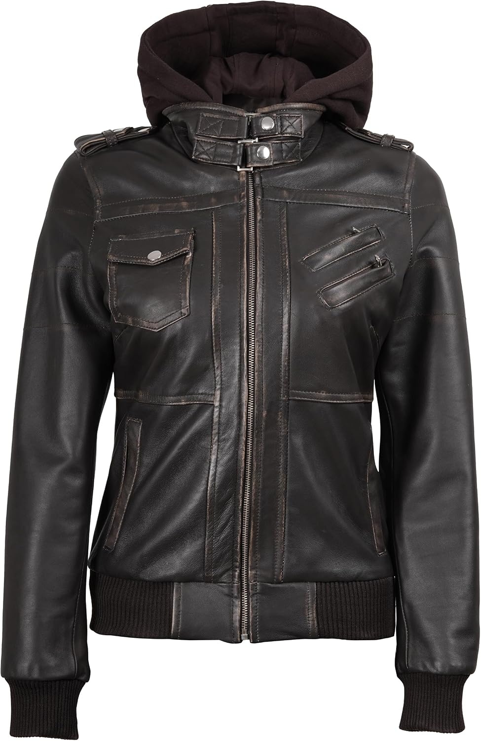 image:imageBlingsoul Womens Hooded Leather Jacket Real Lambskin Bomber Leather Jacket Women With Detachable HoodDark Brown Rub Off