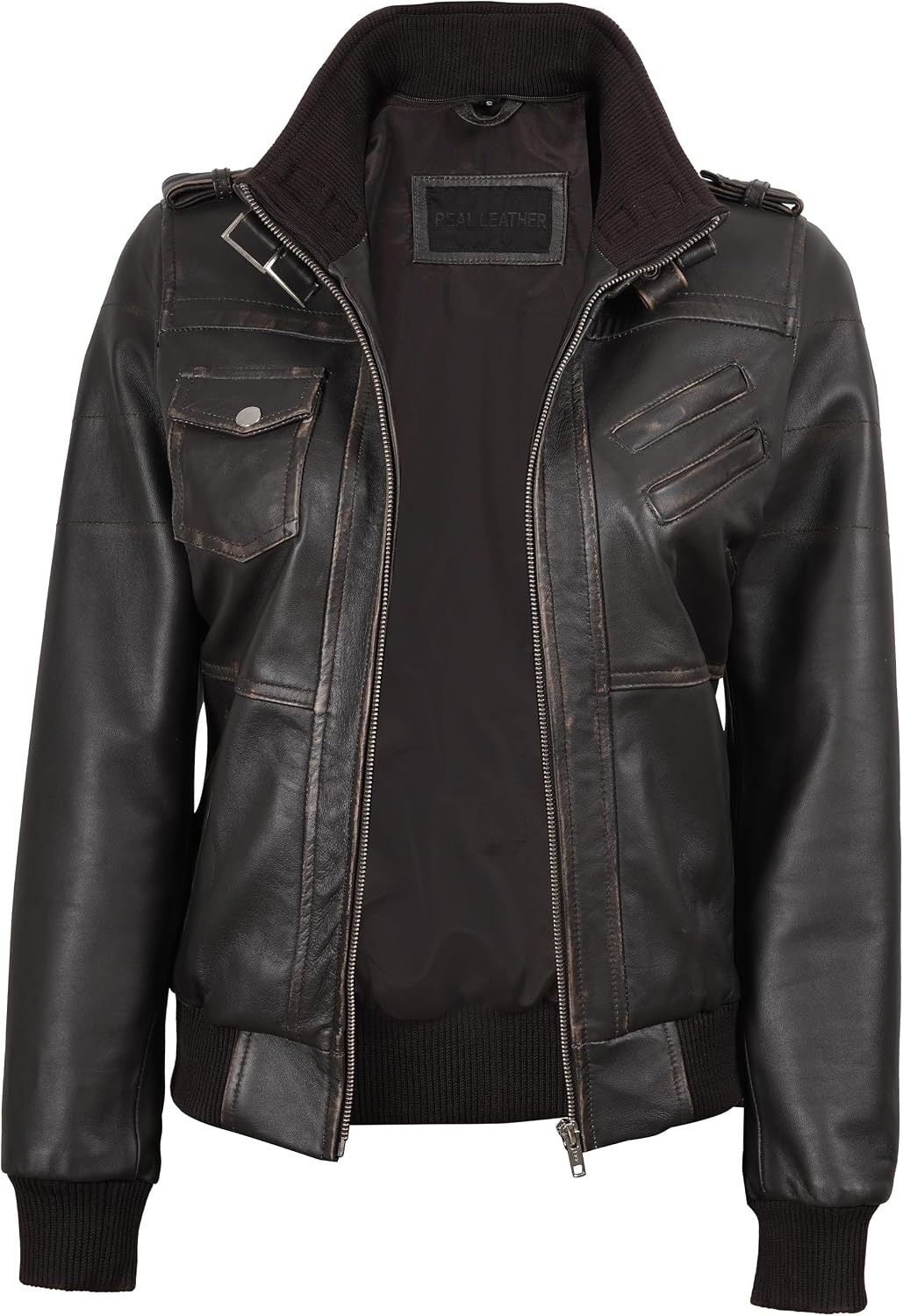 image:imageBlingsoul Womens Hooded Leather Jacket Real Lambskin Bomber Leather Jacket Women With Detachable HoodDark Brown Rub Off