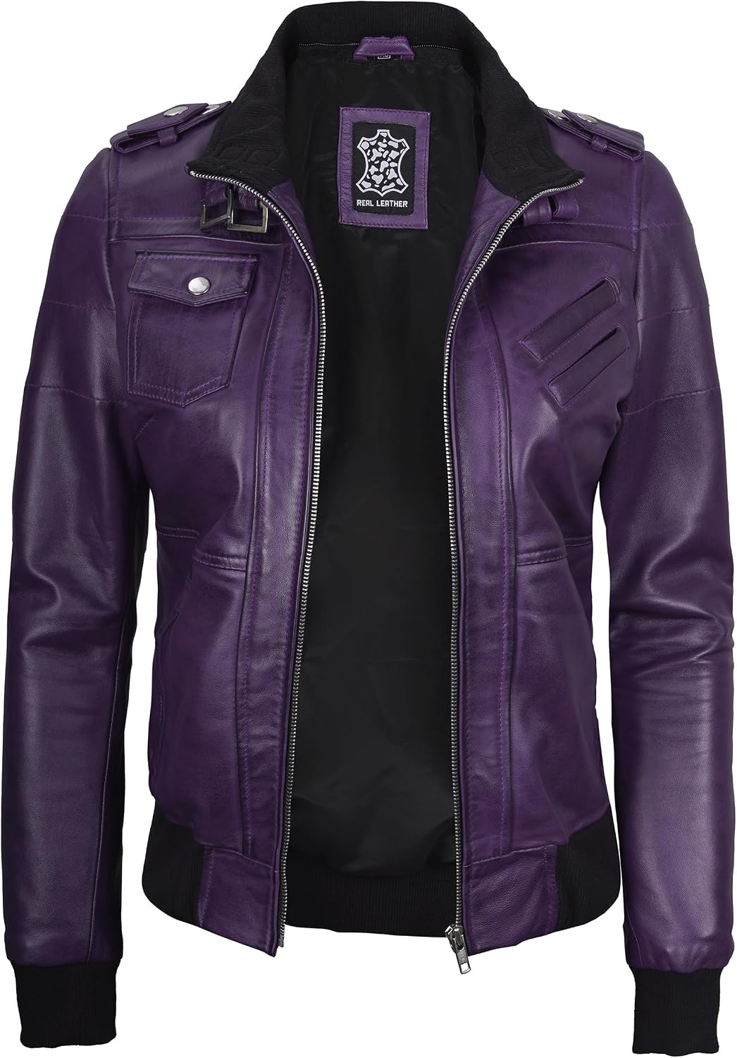 image:imageBlingsoul Womens Hooded Leather Jacket Real Lambskin Bomber Leather Jacket Women With Detachable HoodPurple Wax