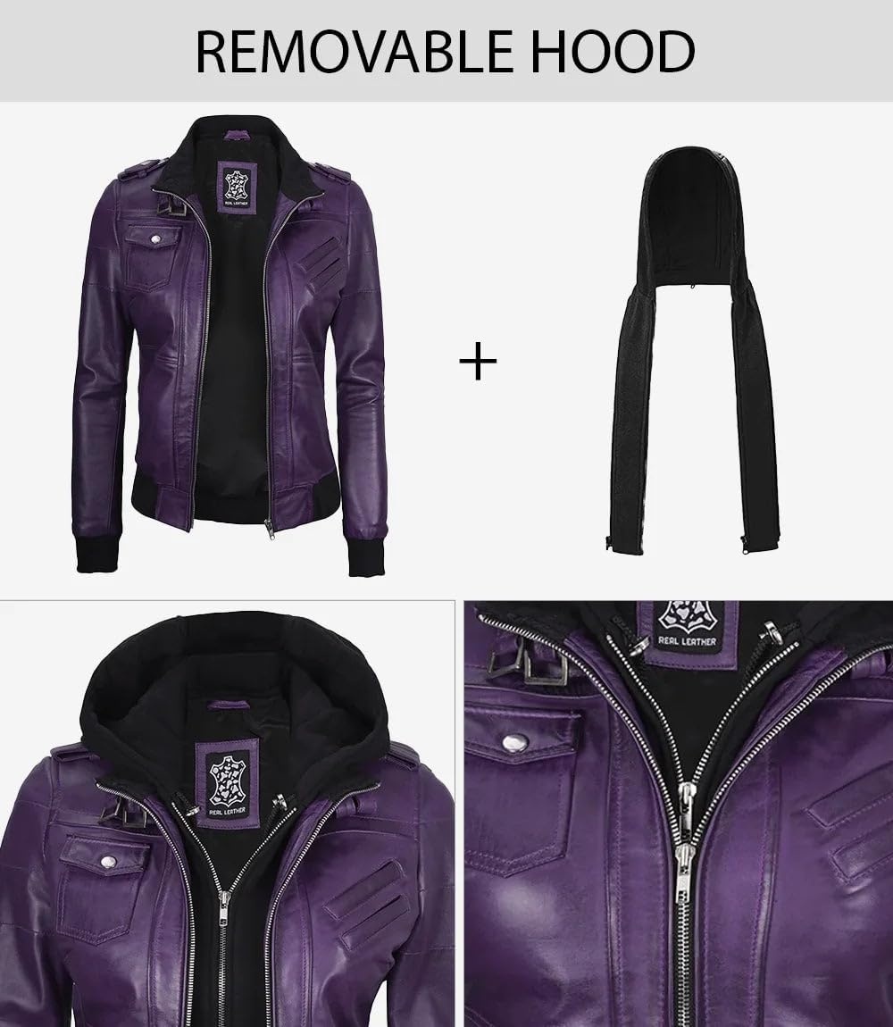 image:imageBlingsoul Womens Hooded Leather Jacket Real Lambskin Bomber Leather Jacket Women With Detachable HoodPurple Wax
