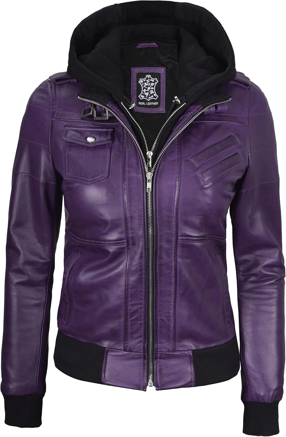 image:imageBlingsoul Womens Hooded Leather Jacket Real Lambskin Bomber Leather Jacket Women With Detachable HoodPurple Wax