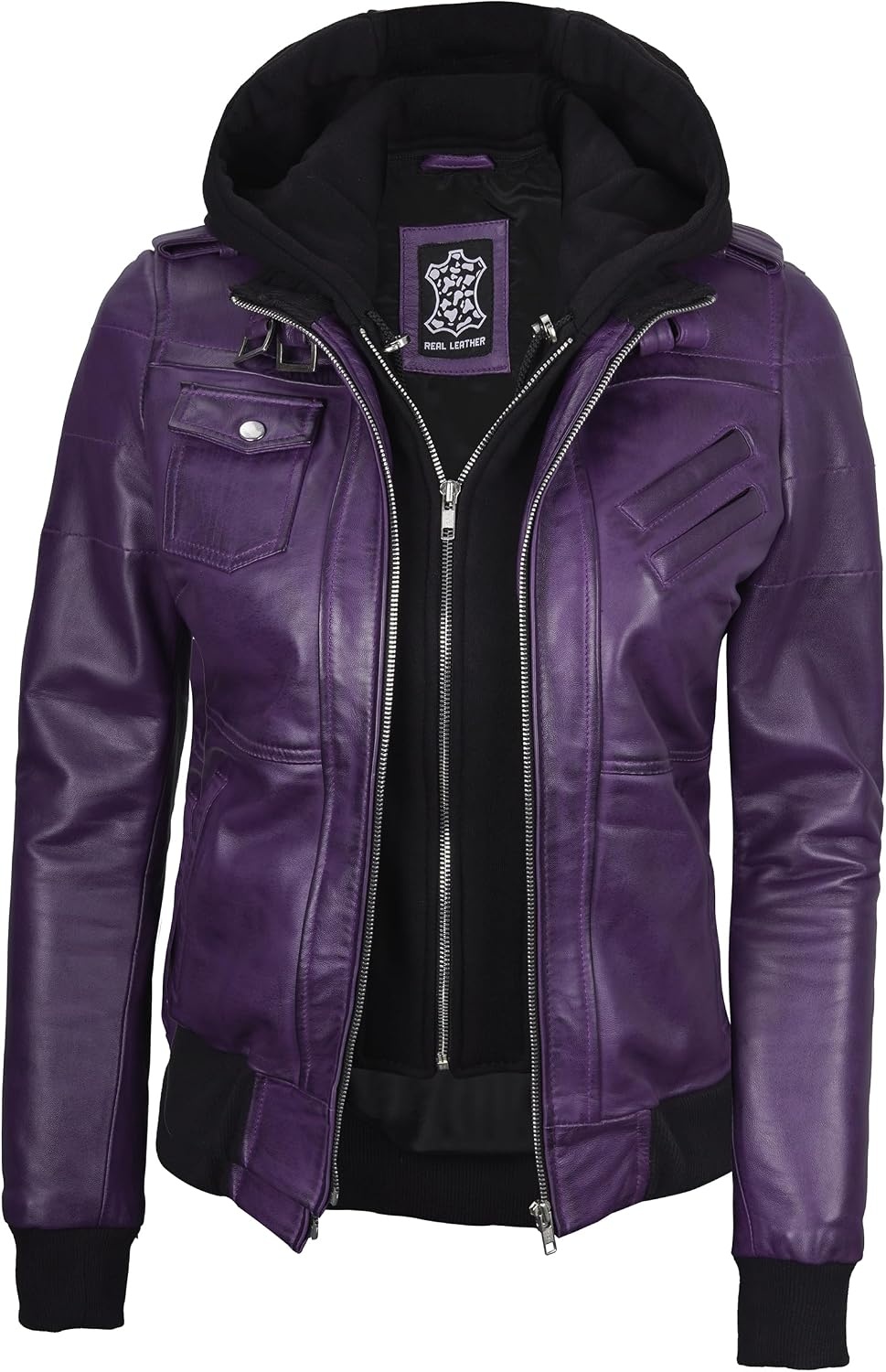 image:imageBlingsoul Womens Hooded Leather Jacket Real Lambskin Bomber Leather Jacket Women With Detachable HoodPurple Wax