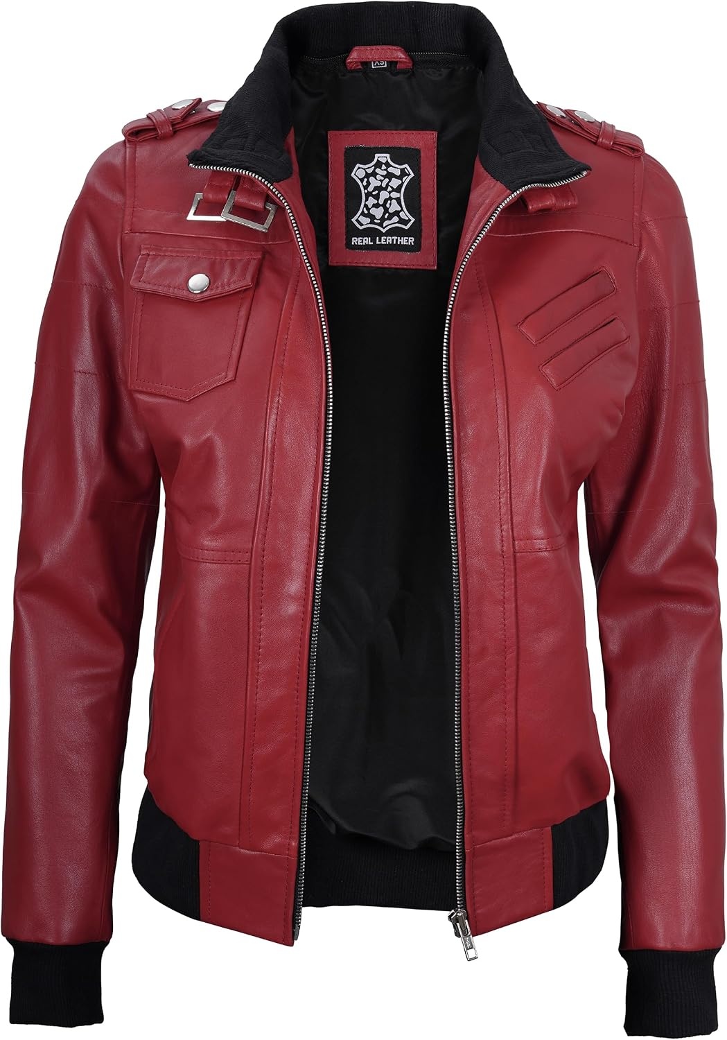 image:imageBlingsoul Womens Hooded Leather Jacket Real Lambskin Bomber Leather Jacket Women With Detachable HoodRed Wax