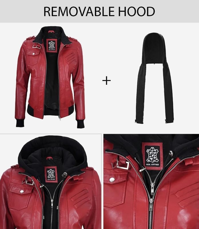 image:imageBlingsoul Womens Hooded Leather Jacket Real Lambskin Bomber Leather Jacket Women With Detachable HoodRed Wax