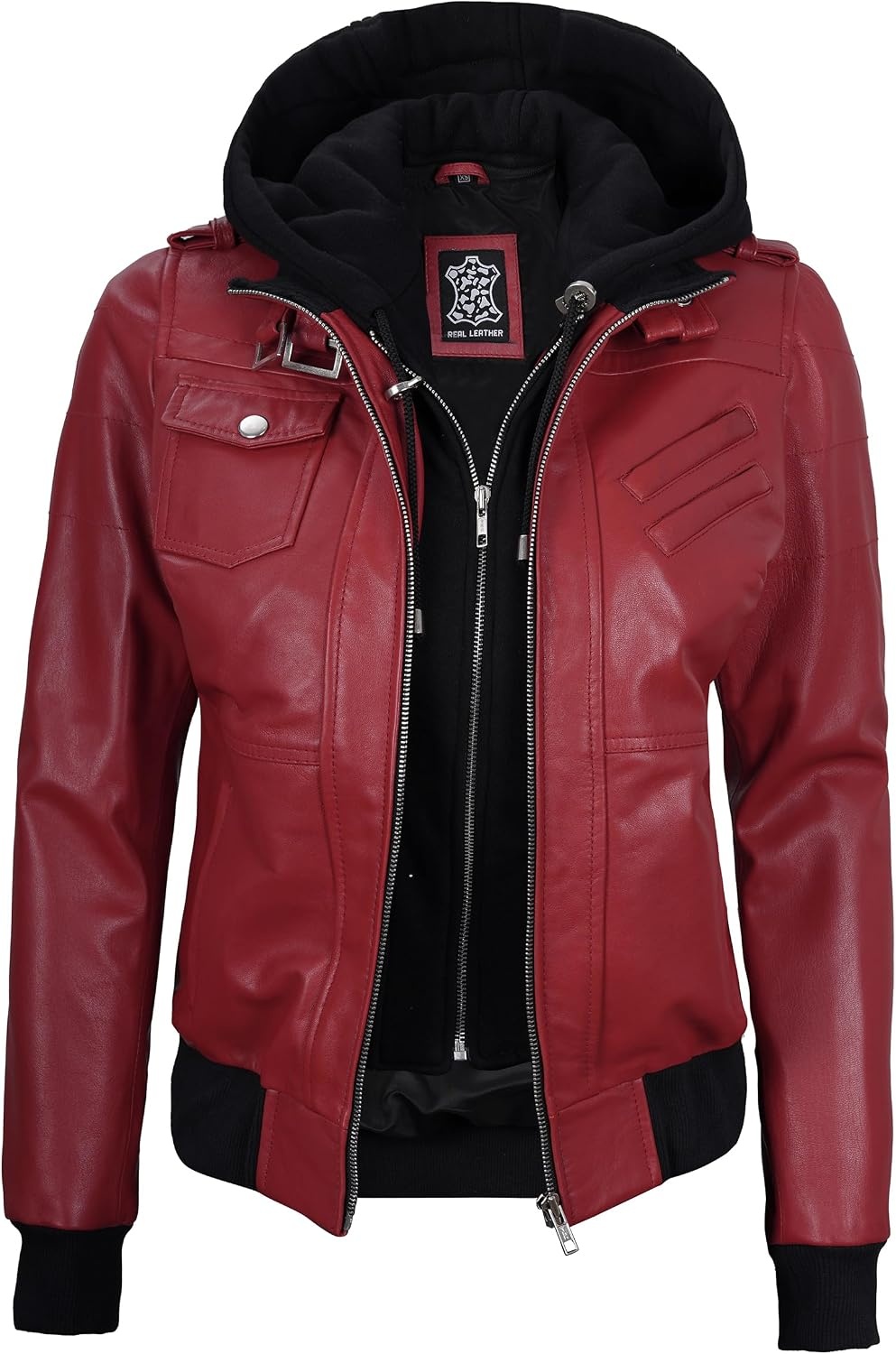 image:imageBlingsoul Womens Hooded Leather Jacket Real Lambskin Bomber Leather Jacket Women With Detachable HoodRed Wax