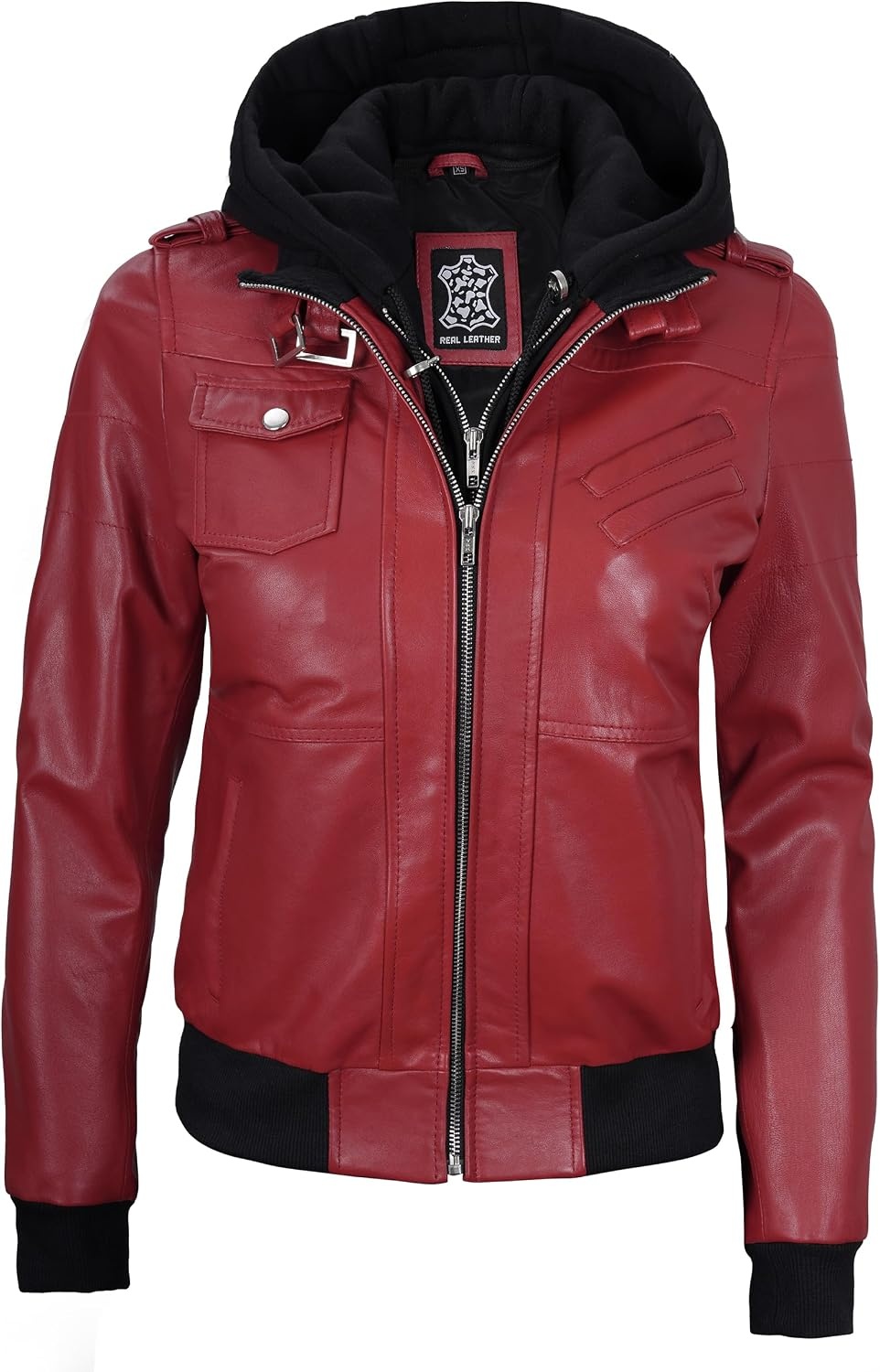 image:imageBlingsoul Womens Hooded Leather Jacket Real Lambskin Bomber Leather Jacket Women With Detachable HoodRed Wax