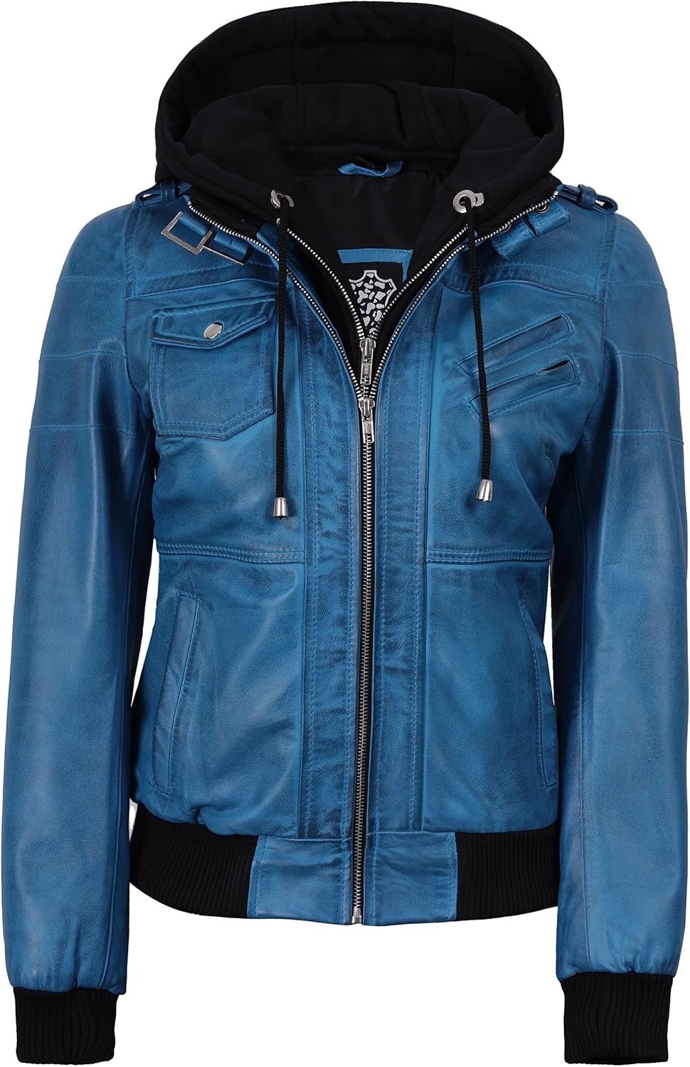 image:imageBlingsoul Womens Hooded Leather Jacket Real Lambskin Bomber Leather Jacket Women With Detachable HoodVivid Blue