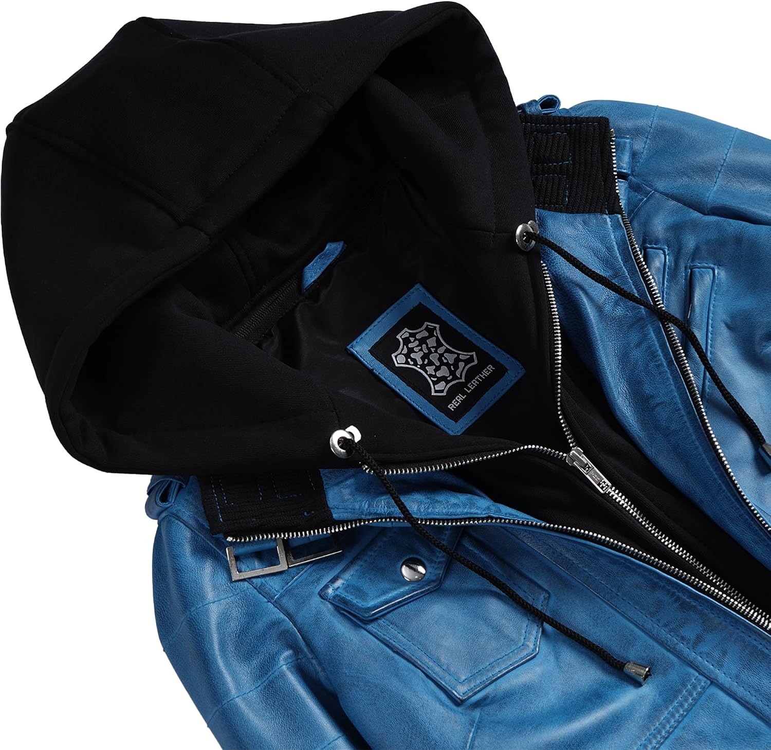 image:imageBlingsoul Womens Hooded Leather Jacket Real Lambskin Bomber Leather Jacket Women With Detachable HoodVivid Blue